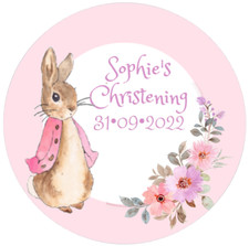 48 Personalised BAPTISM CHRISTENING stickers FLOPSY BUNNY 40mm