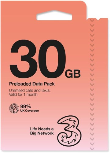 Three payg sim card 30gb - payg,