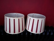 Pair of Pleated Silk Lampshades Red Cream 9 x 9.5 Inches Vintage
