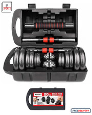 Cast Iron Adjustable Dumbbell Barbell Set 20kg Weights & Case Home Gym Fitness