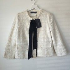 Zara Cream Bow Boucle Short Textured Tweed Blazer Jacket Size M Medium 10 12 