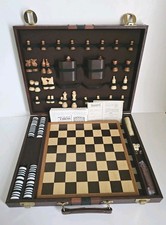 Vintage Backgammon Set and Chess Board game in Faux Leather Travel Case 