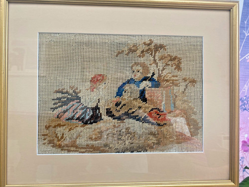 Antique needlework tapestry - needlework,