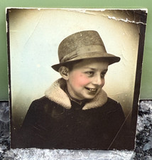 Vintage Photobooth Photo Handsome Young Boy Wearing a Hat Tinted 1930s