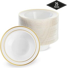 25 x Elegant White Plastic Bowls with Gold Border for Weddings & Parties