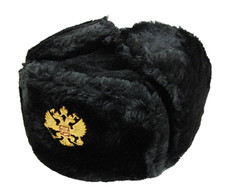 Russian Ushanka Faux Fur Cossack Trapper Hat Black 60cm L-XL Army Eagle Badge