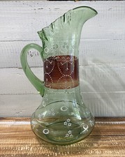 Vintage Green Art Glass Ruffled Pitcher Jug Enamel Painted White Flowers Red
