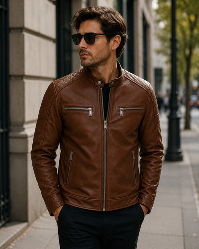 Men brown quilted genuine - quilted,