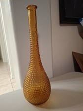 1 VINTAGE Mid Century Modern Gold/Amber 15" Glass Genie Bottle, Diamond Pattern 