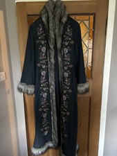 East faux fur trim denim Afghan long coat