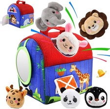 Baby Toy Soft Barn with Stuffed Zoo Animals Real Sounds, Mirror - Montessori toy