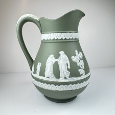 VTG Green Jasperware Style Relief Pitcher Jug 6in Glazed Interior Neoclassical