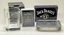 JACK DANIELS SQUARE CUT GLASS + TOBACCO TIN WITH PLAYING CARDS - PUB HOME BAR