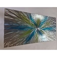 Modern abstract metal wall art. Super Nova. Green, teal and silver 