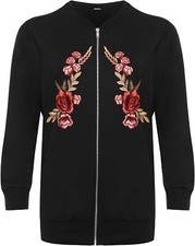 Plus Womens Embroidered Vintage Bomber Jacket Ladies Floral Print Long Sleeve