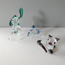 3 Vintage Murano Glass Animals Miniature Figurines Cat Dog Tortoise Comical Cute