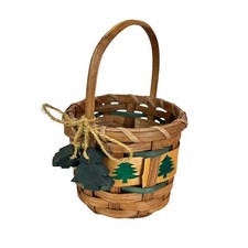 Small Brown Woven Wood Hanging Basket Painted Pine Trees Winter Decor Primitive