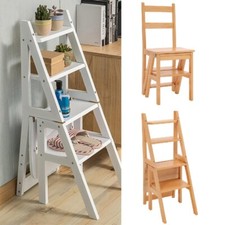 Library Ladder Chair Convertible 4 Steps Ladder Wooden Chair Seat Home Kitchen