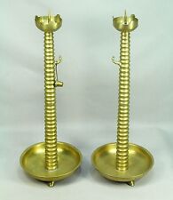 * Antique 1800's Large Pair Brass Indo-British Raj Pricket Candle Holders 24.5"