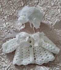Romany Hand Crochet Bonnet And Cardigan Babies newborn With bling bows