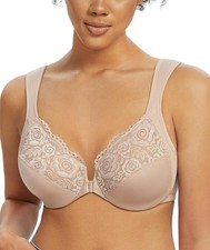 Lemorosy Wide Strap Front Closure Bra Lace Underwire Beige 34F RRP £21.99