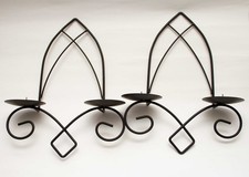 Pair Black Wrought Iron Wall Sconce 2 Arm Candle Holders Metal Candlesticks