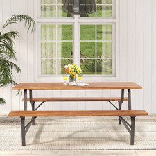 Solid Outdoor Wood Patio Dining Table and Bench Picnic Table Bench Set