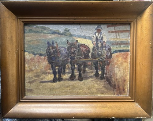Original oil horses ploughing - oil,
