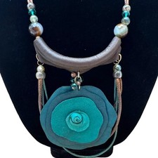 Sweet Lola Leather Suede Rose Beaded Cord Pull Necklace Teal Brown
