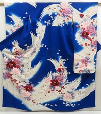 5501T14z1120 Vintage Japanese Kimono Silk FURISODE Flowers Oriental blue
