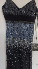 Evening Prom Black Blue Silver Sequined Ombre Silk Dress with Scarf Size S