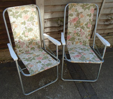 VINTAGE PAIR OF DECK CHAIR FLORAL PRINT 1970s GARDEN CARAVAN CLASSIC VW CAMPER