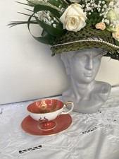 Aynsley J.A. Bailey Signed Burnt Orange Gold Filigree Footed Cup & Saucer