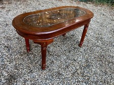 Vintage carved cherry wood oval glass top inlaid coffee side occasional table