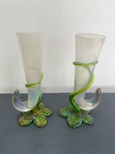 Vintage glass green petal stem vases (maybe 1920s)