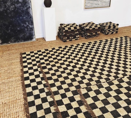 Handwoven wool jute check - handwoven, rug