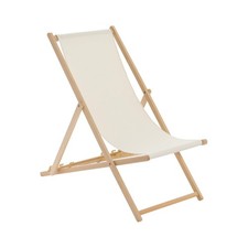 Folding Wooden Deck Chair Adjustable Reclining Canvas Beach Lounger Natural