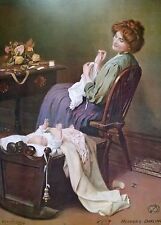  Victorian Print Lady Sewing And Baby in Cradle Near Her Titled Mothers Darling