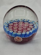 Murano Millefiori Glass Paperweight Blue, Red and White Floral Design