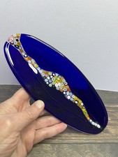 Oval Cobalt Blue Murano Glass Bowl, Plate, Millefiori Murrine Ribbon, Cascata