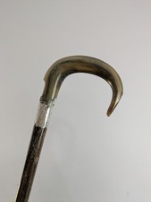 Antique Rams Horn Shepherds Crook Walking Stick Silver Engraved Band Watermans