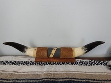Vtg Mounted Steer Longhorn Bull Horns Leather Rope Wood Authentic Western Rustic