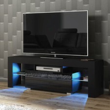 Modern 130cm TV Unit Cabinet Stand | Black High Gloss Doors | Free LED Lights