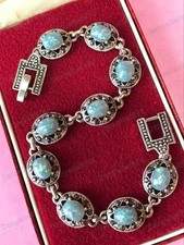 Art Deco Inspired Faux Blue Opal&Marcasite Glass Crystal Antique SIlver BRACELET