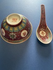 Vintage Mun Shou Jingdezhen Rose Soup Bowl And Spoon