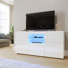 White Modern TV Stand Unit Cabinet High Gloss Doors LED Light Sideboard Cupboard