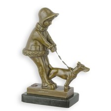 Art Deco Bronze Sculpture - Child with Dog 21cm - Figurine on Marble Base