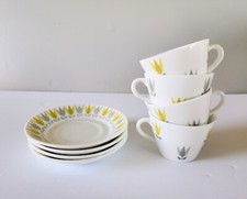 Stig Lindberg Gustavsberg Lotus Gul 4 Demi Cup/ Saucers Sets SWEDEN MCM