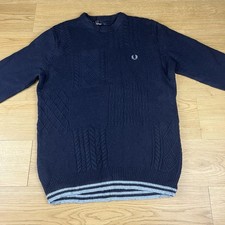 Fred Perry Navy Blue Wool Blend Textured Cable Knit Jumper M Winter Men's