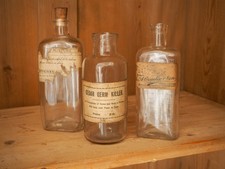 Trio of Vintage / Antique English Apothecary Chemist Bottles With Original Label